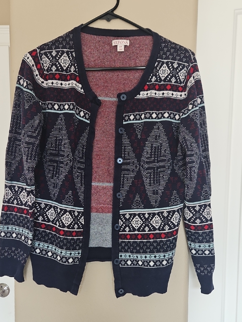 Merona Navy Red White Fair Isle Cardigan